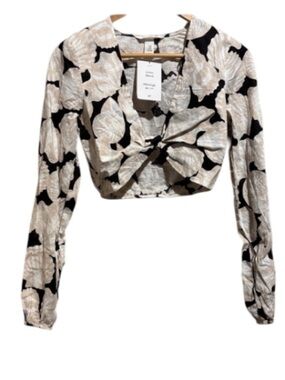 H&M linen blend XS NEW Floral Print Long Sleeve Top cropped long sleeve